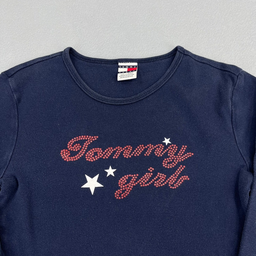 Tommy Girl Jeans Vintage Navy Blue Long Sleeve Rhinestone Star Shirt Womens M - Picture 2 of 13
